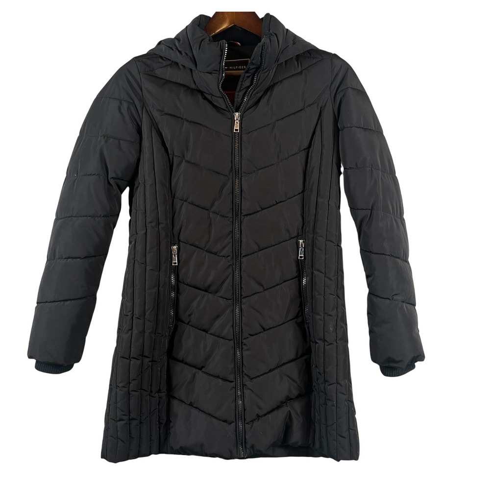 Tommy Hilfiger Womens P/S Hooded Quilted Puffer Coat Long Black Winter Zip